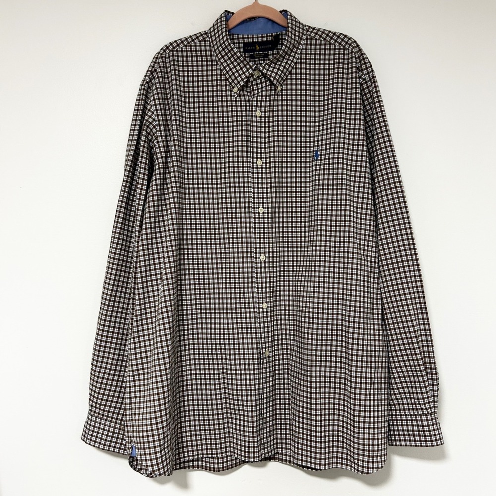 Ralph Lauren Men's XXL Gingham Button‎ Down Shirt Long Sleeve Cotton Brown Blue